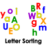 colored plastic letters sorted into vowel and consonant groups